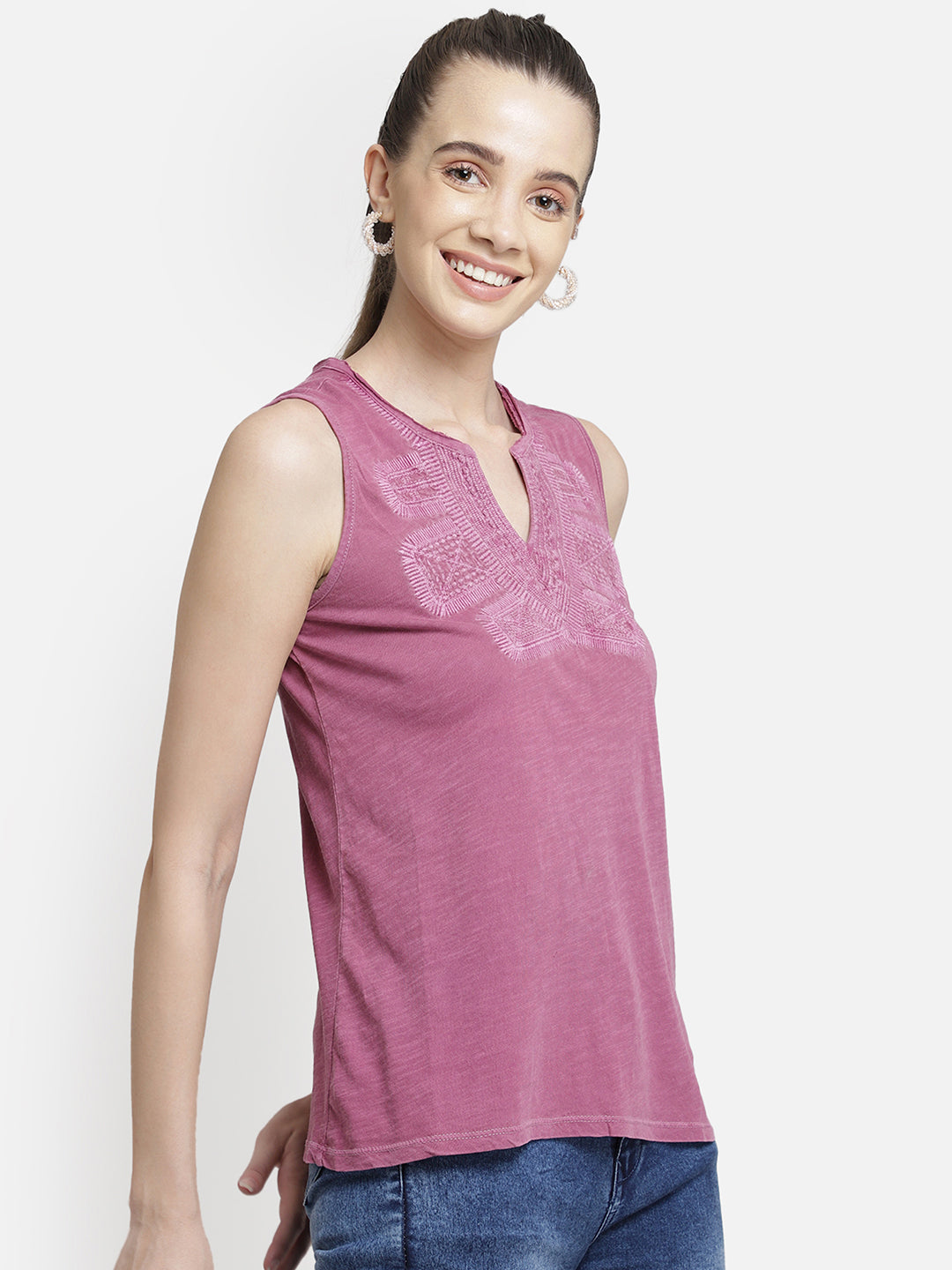 Purple Embroidered viscose knit casual top
