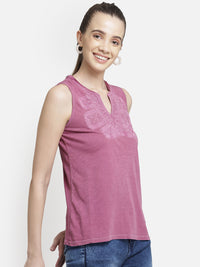 Purple Embroidered viscose knit casual top