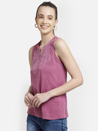 Purple Embroidered viscose knit casual top