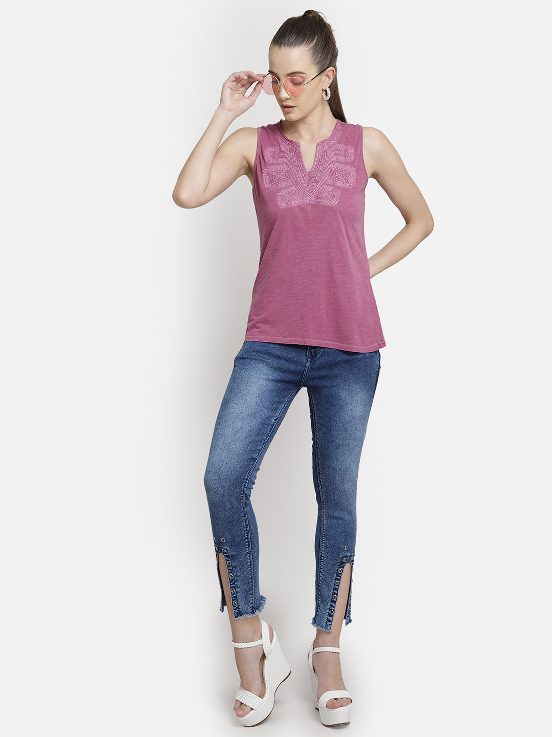 Purple Embroidered viscose knit casual top