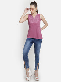 Purple Embroidered viscose knit casual top