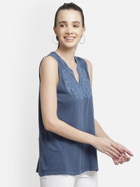 Blue Embroidered viscose knit casual top