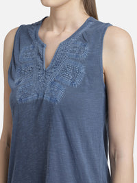 Blue Embroidered viscose knit casual top