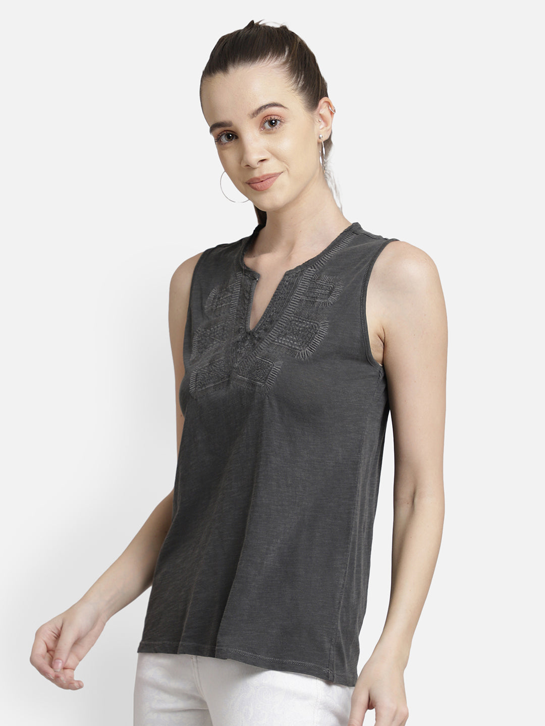 Grey Embroidered viscose knit casual top