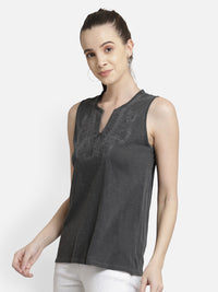 Grey Embroidered viscose knit casual top