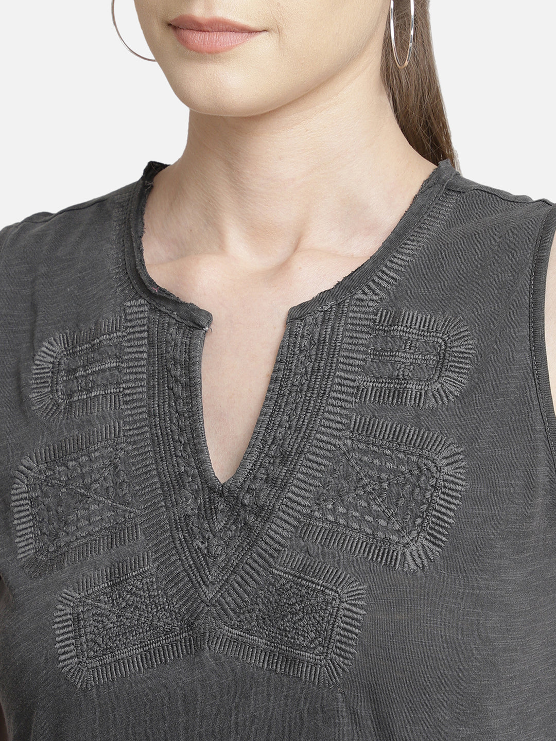 Grey Embroidered viscose knit casual top