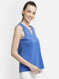 Blue Embroidered viscose knit casual casual top