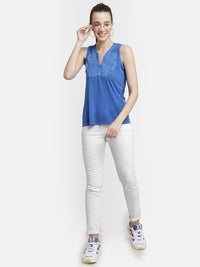 Blue Embroidered viscose knit casual casual top