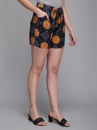 Printed blue rayon women shorts