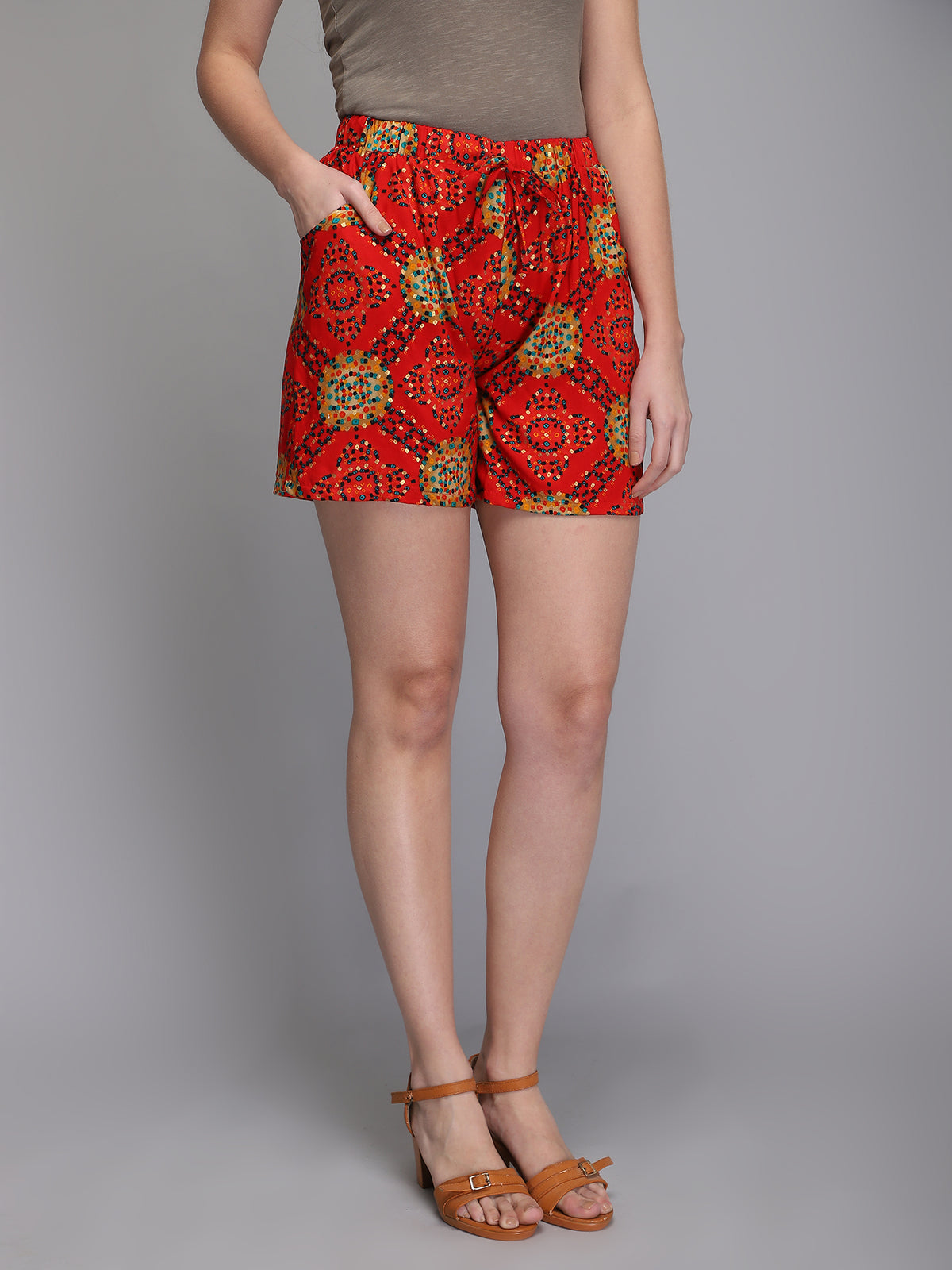 Red printed rayon women shorts