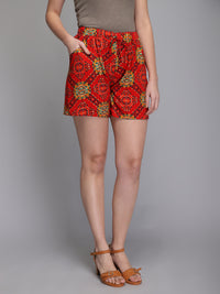 Red printed rayon women shorts