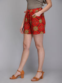 Red printed rayon women shorts