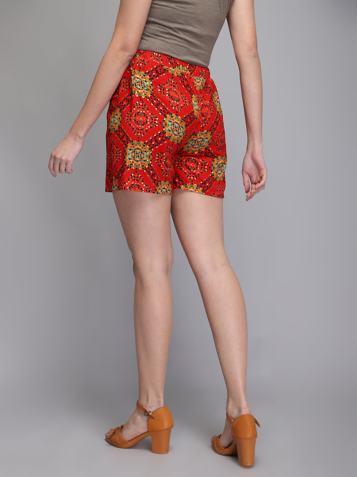 Red printed rayon women shorts