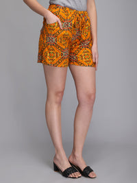 Printed yellow rayon women shorts
