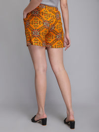 Printed yellow rayon women shorts