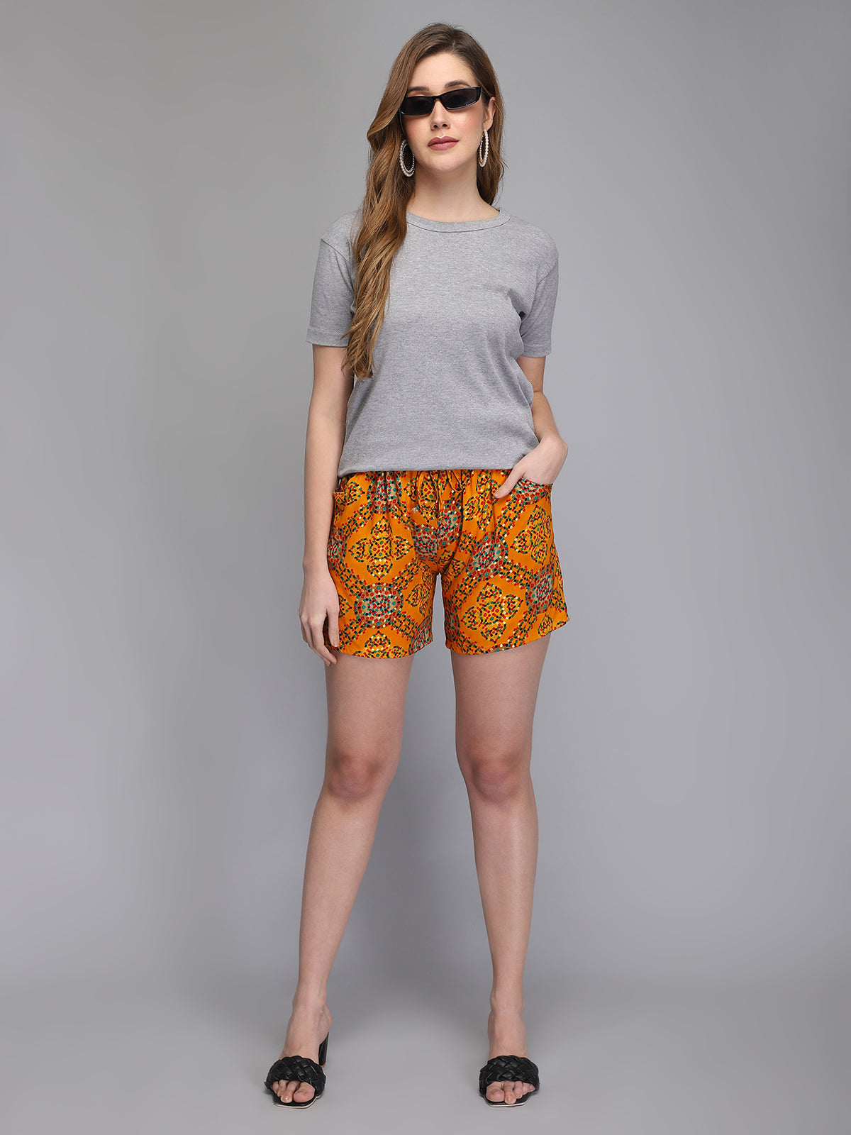 Printed yellow rayon women shorts