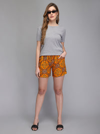 Printed yellow rayon women shorts