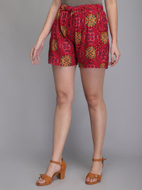 Printed pink rayon women shorts