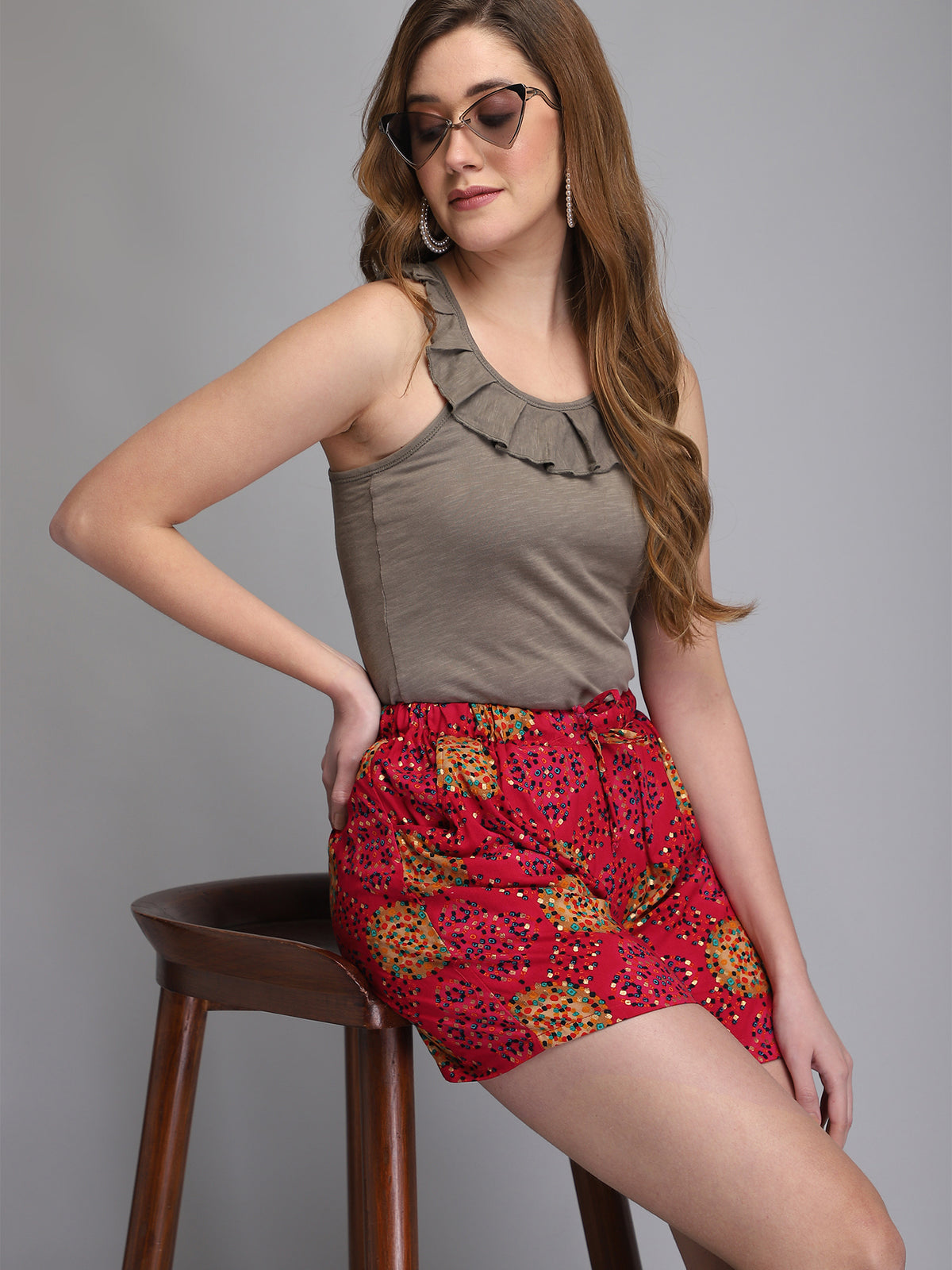 Printed pink rayon women shorts