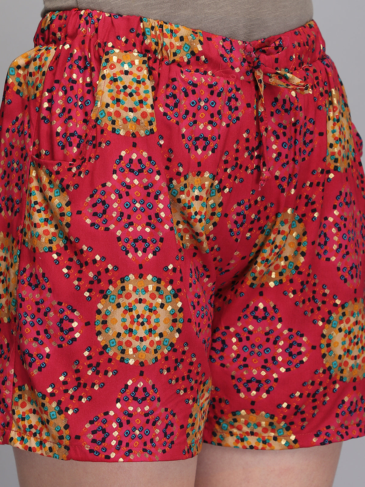 Printed pink rayon women shorts