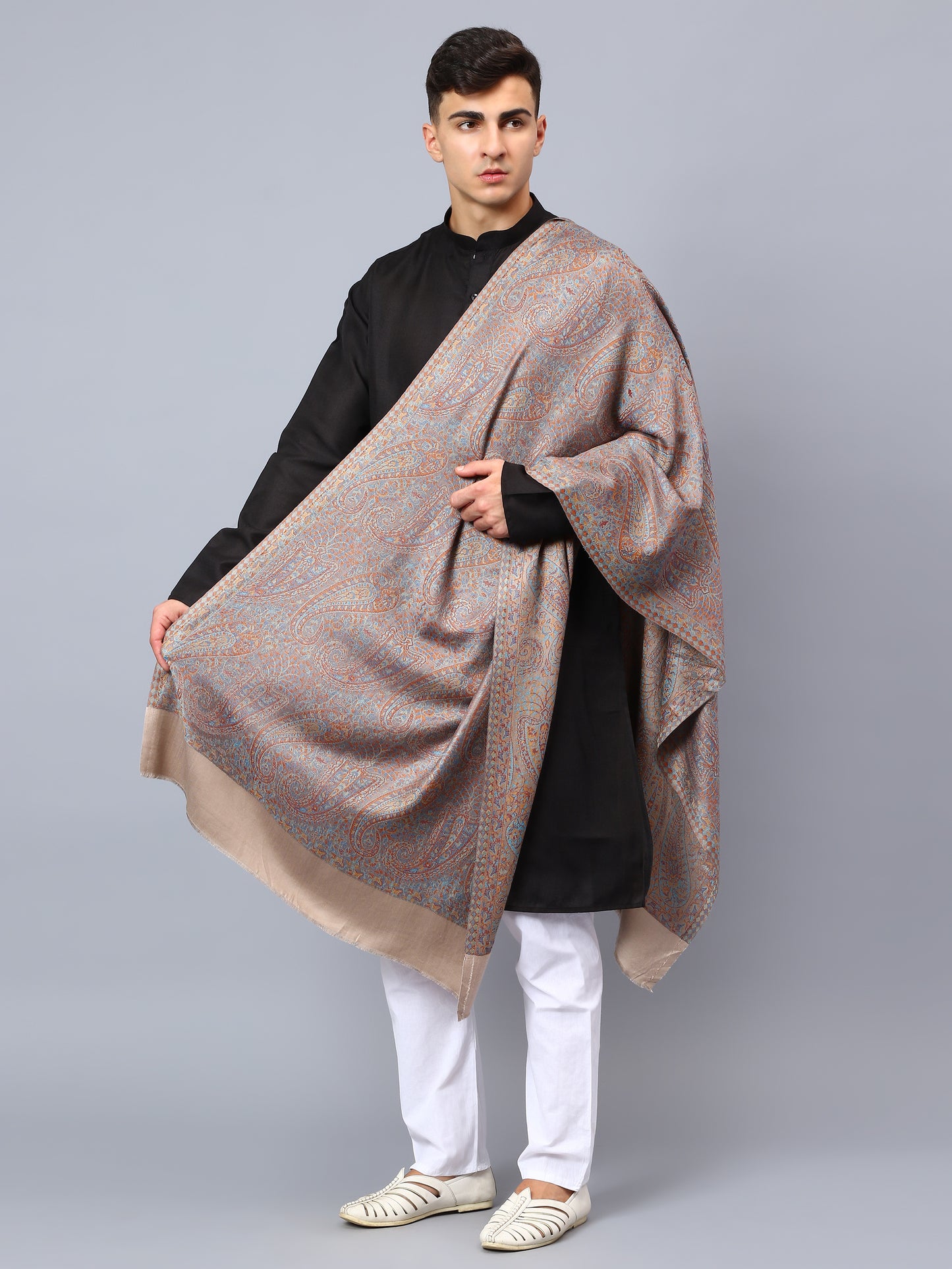 Grey viscose stole with a multicolor jacquard pattern