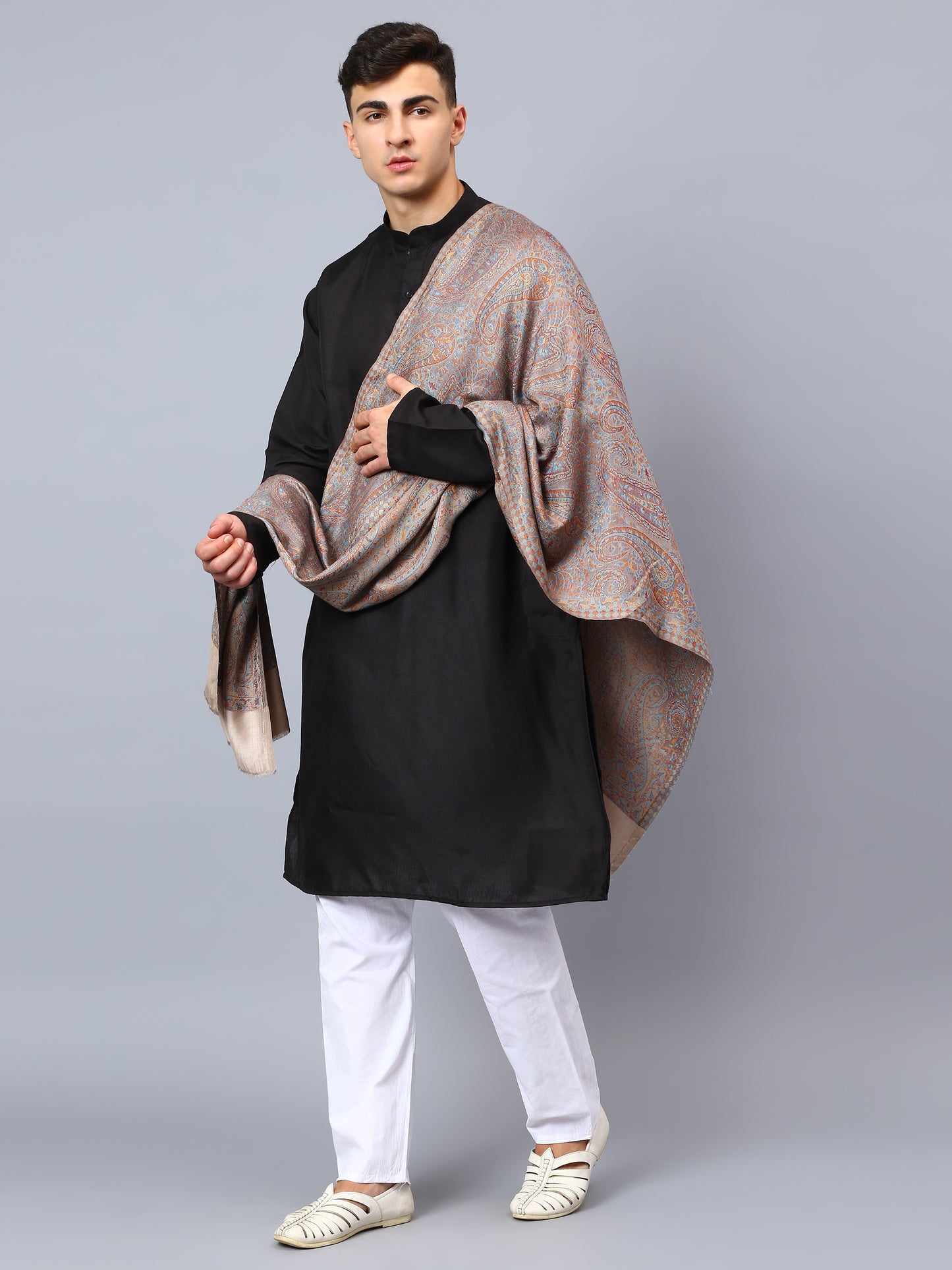 Grey viscose stole with a multicolor jacquard pattern