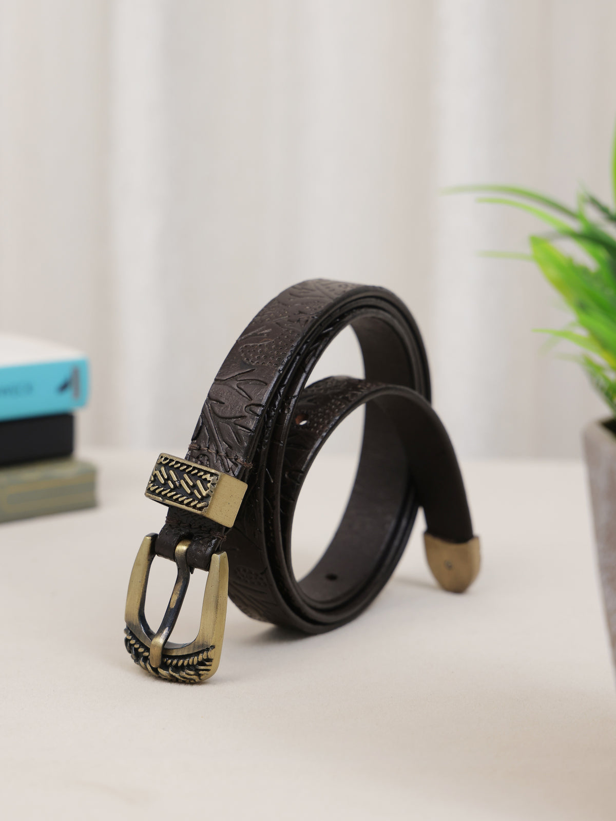 Aditi Wasan 20 mm 3 Pcs Set of Buckle Shantiniketan Brown Embossed Belt