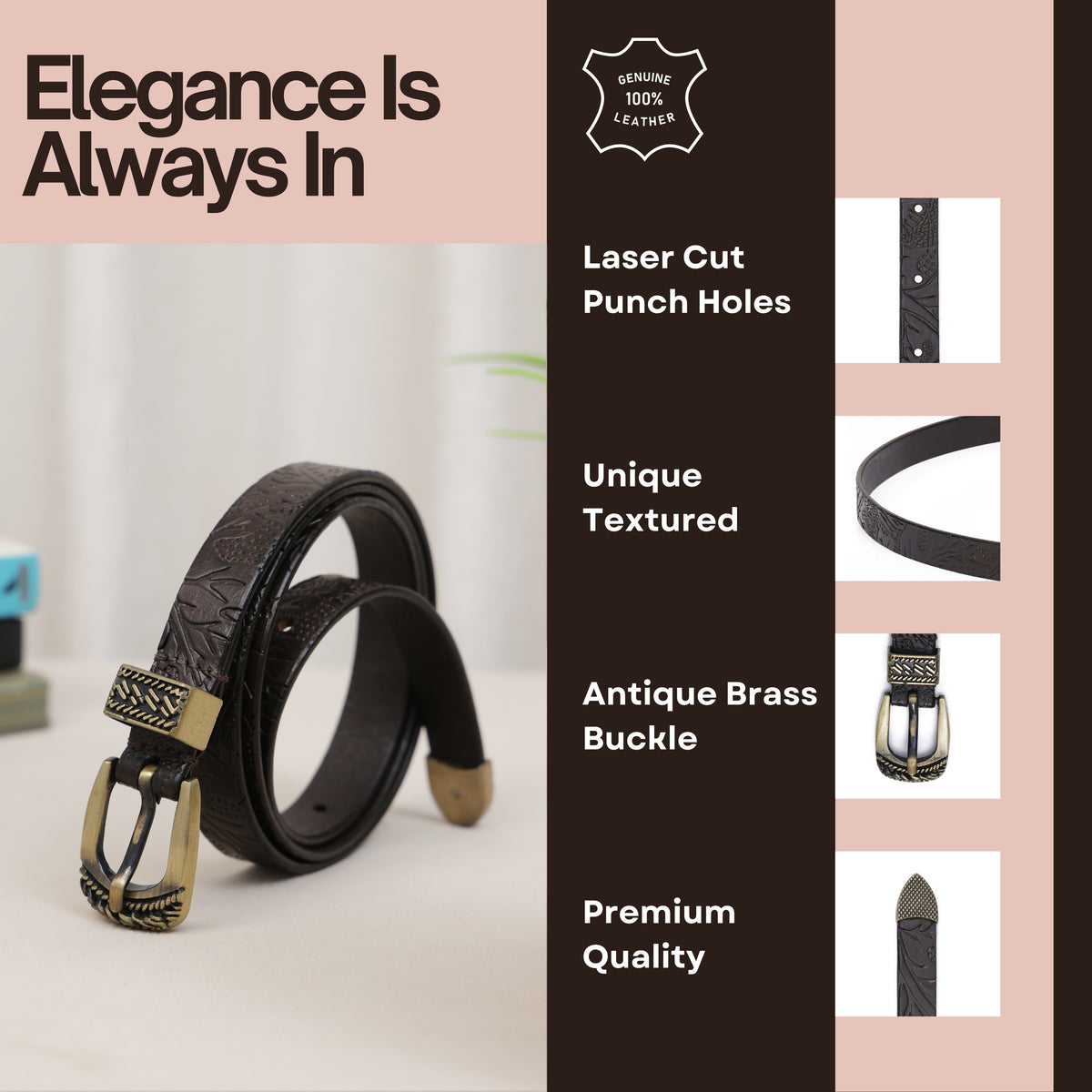 Aditi Wasan 20 mm 3 Pcs Set of Buckle Shantiniketan Brown Embossed Belt