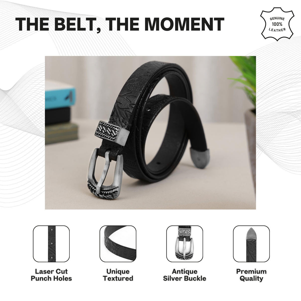 Aditi Wasan 20 mm 3 Pcs Set of Buckle Shantiniketan Black Embossed Belt