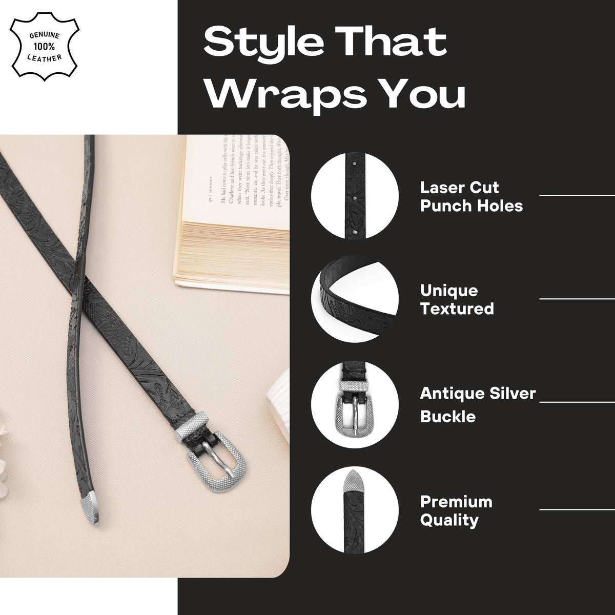 Aditi Wasan 15 mm 3 Pcs Set of Shantiniketan Black Embossed Belt