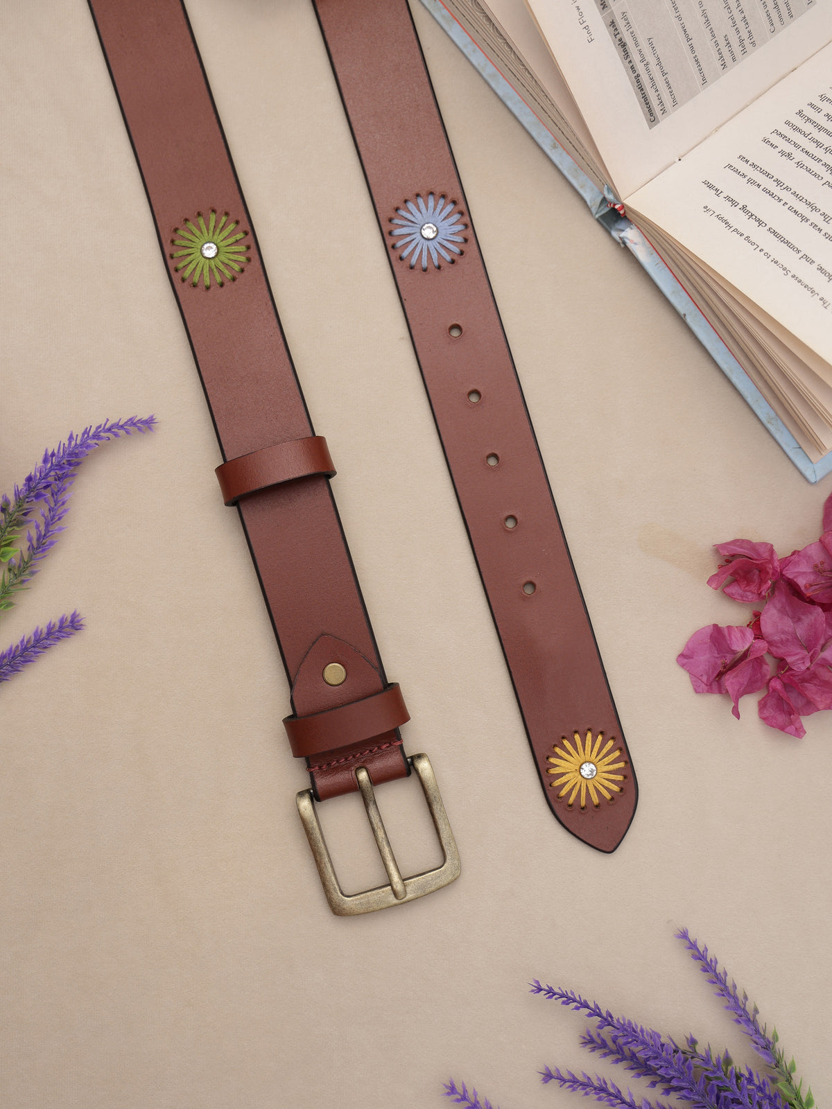 Brown Floral Embroidery Leather Women's Belt