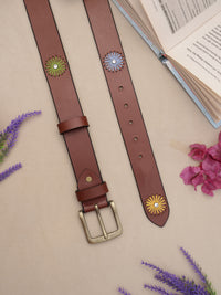 Brown Floral Embroidery Leather Women's Belt