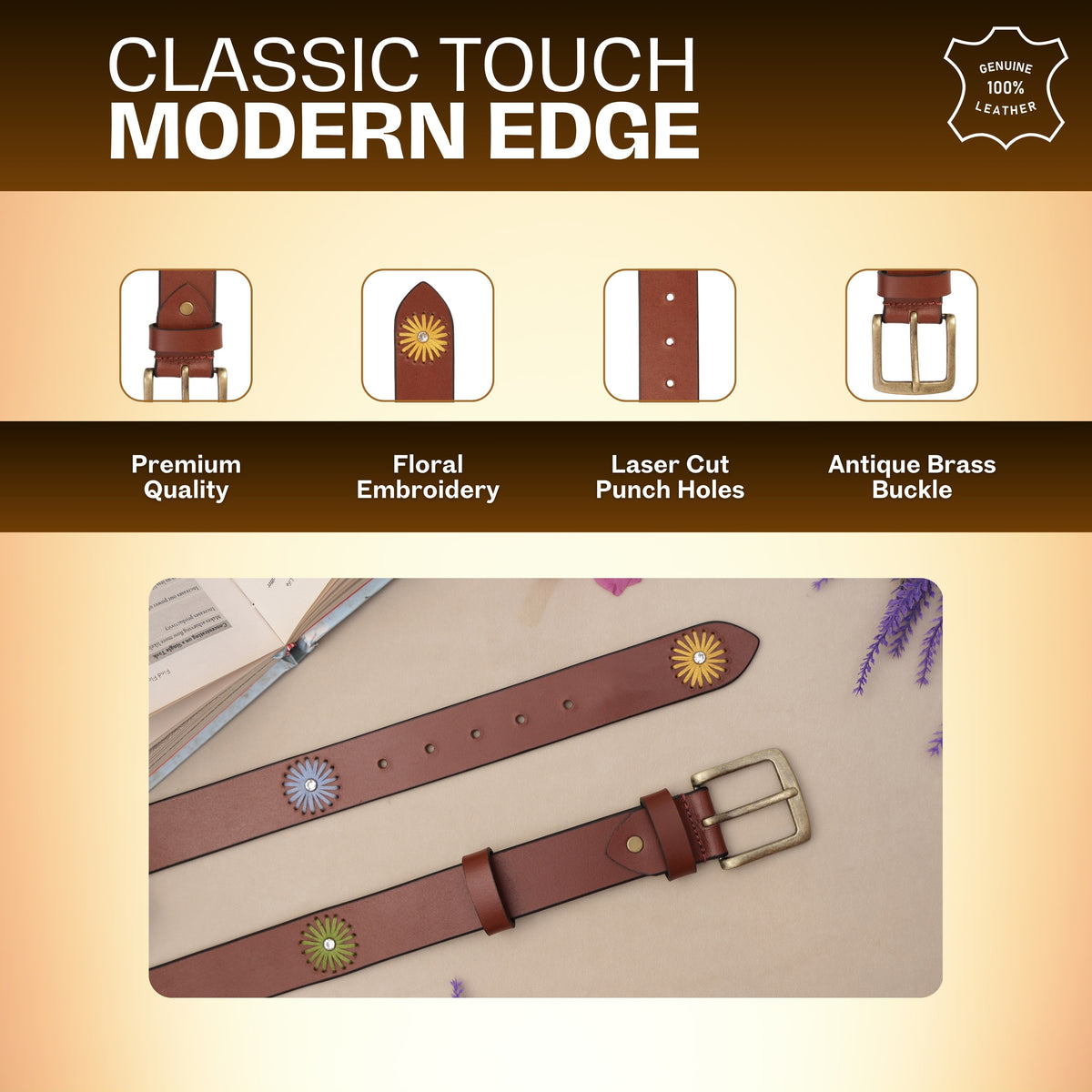 Brown Floral Embroidery Leather Women's Belt