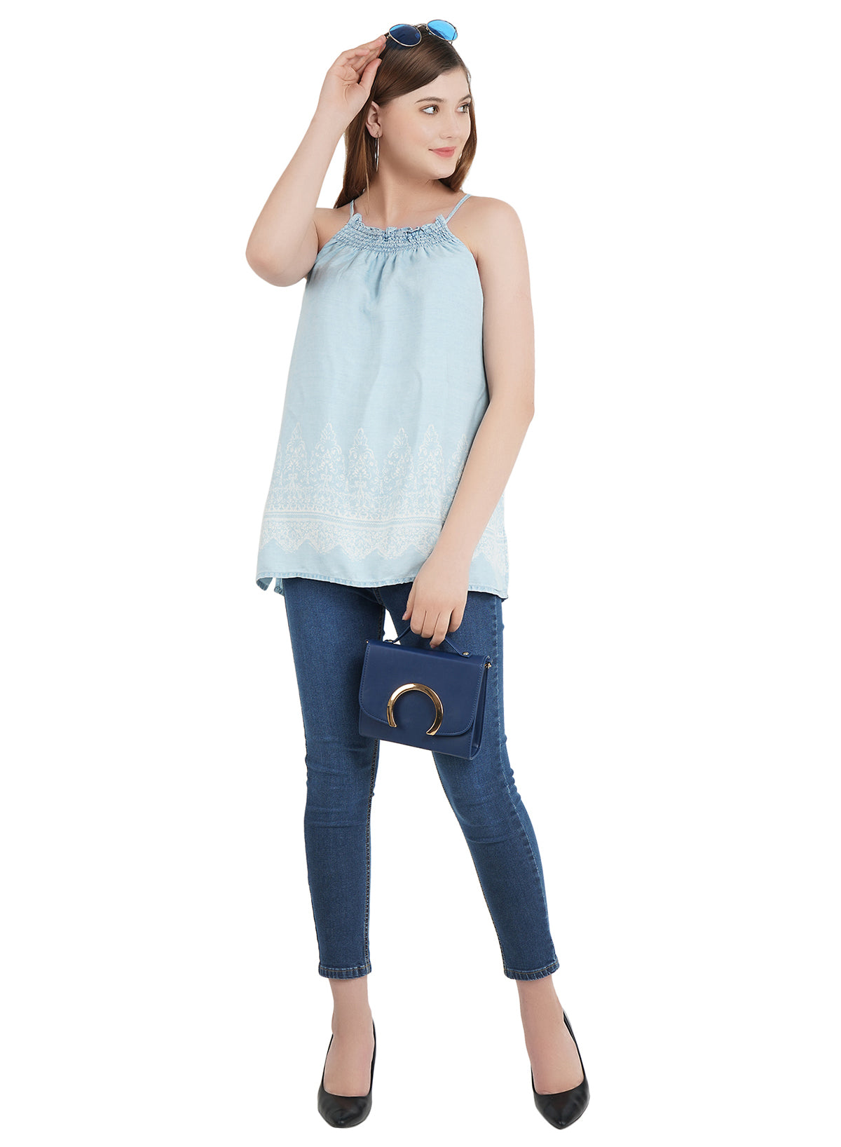 Light blue printed denim elastc rib halter neck top