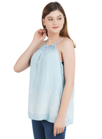 Light blue printed denim elastc rib halter neck top