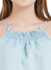 Light blue printed denim elastc rib halter neck top