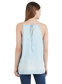 Light blue printed denim elastc rib halter neck top