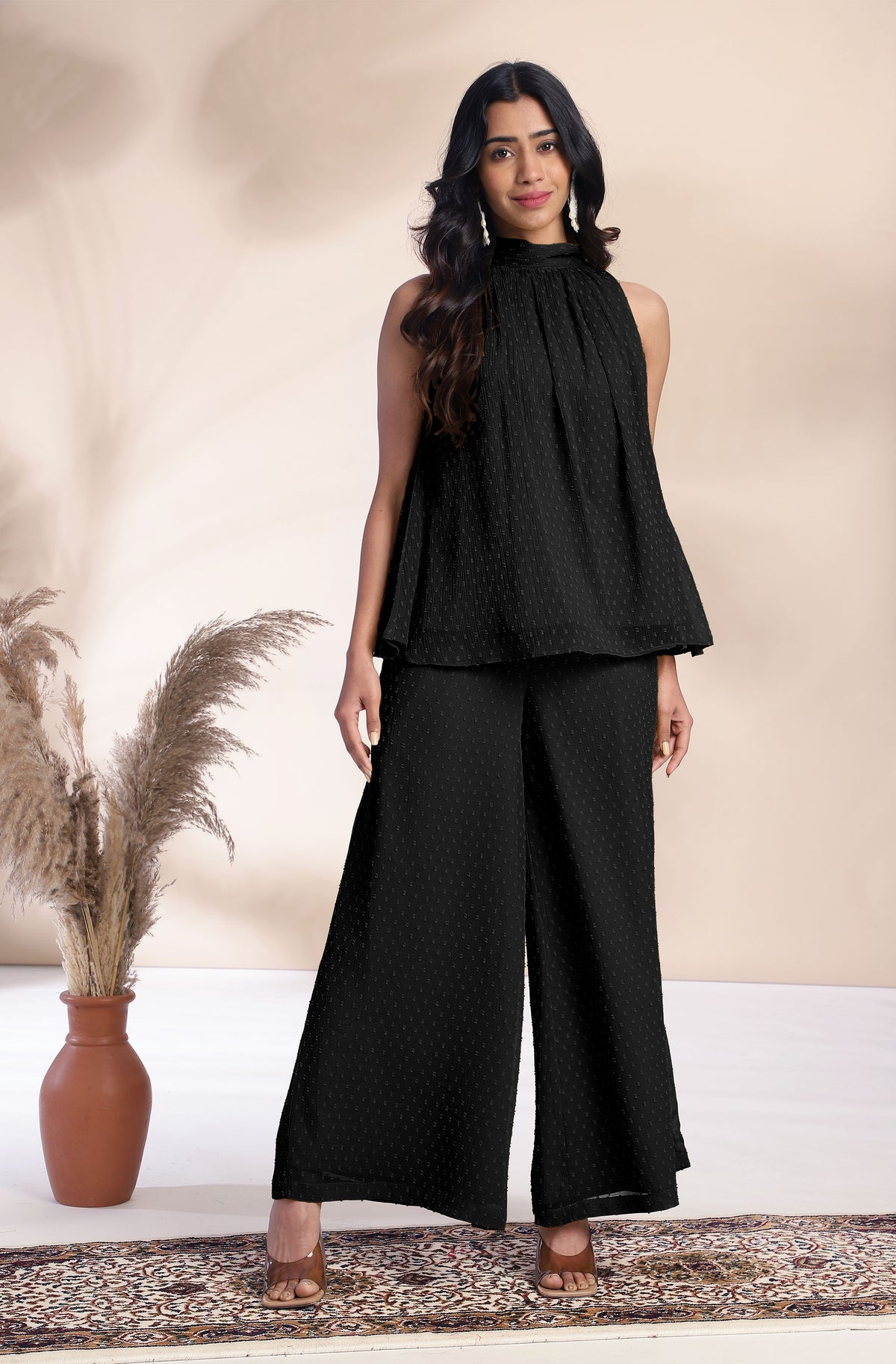 Black Woven Design Chiffon Co-Ords - Set of 2