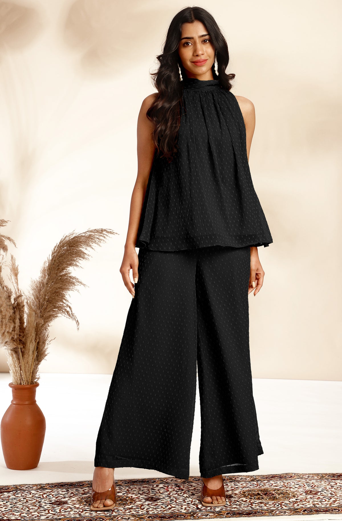 Black Woven Design Chiffon Co-Ords - Set of 2