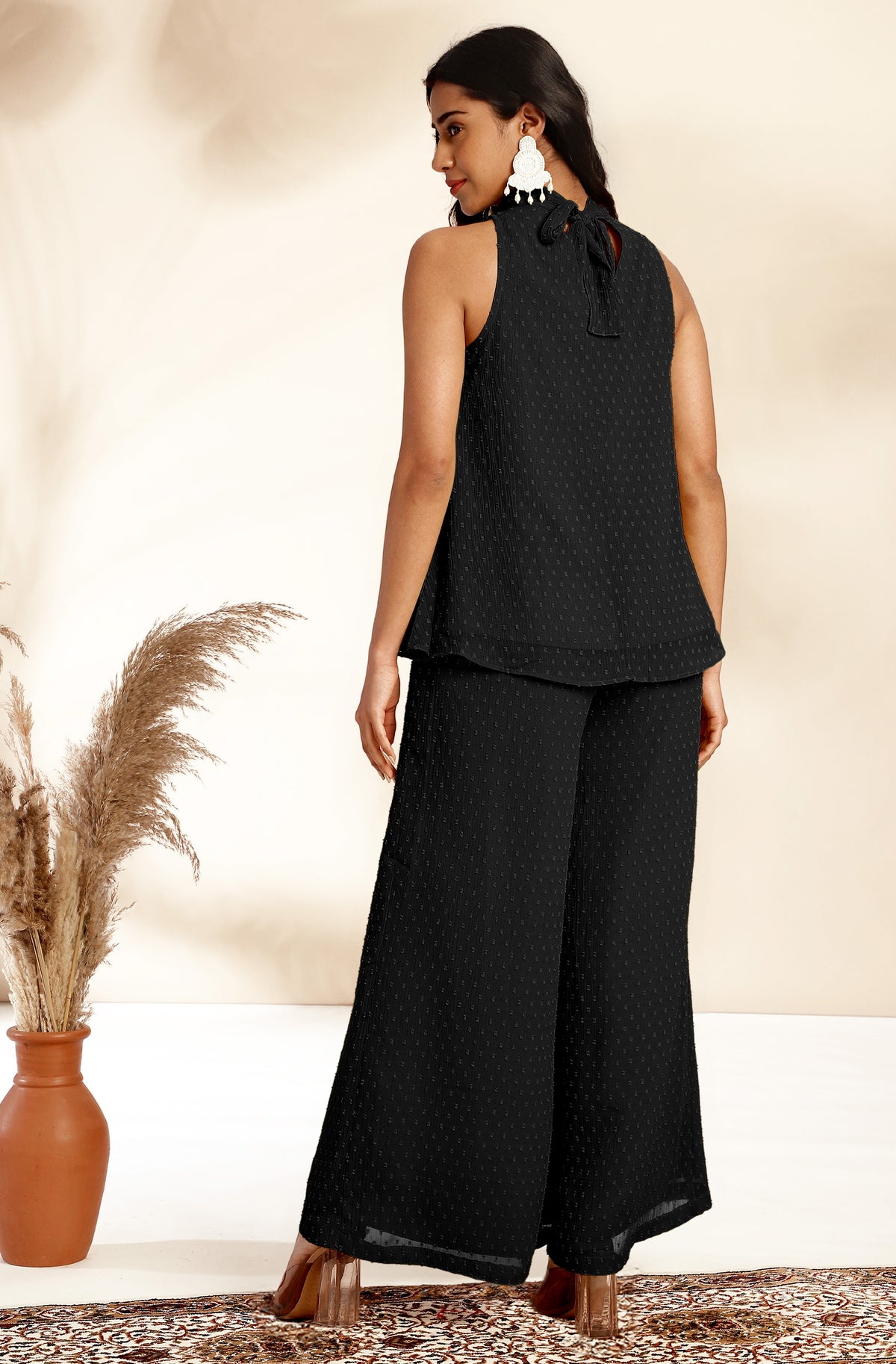 Black Woven Design Chiffon Co-Ords - Set of 2