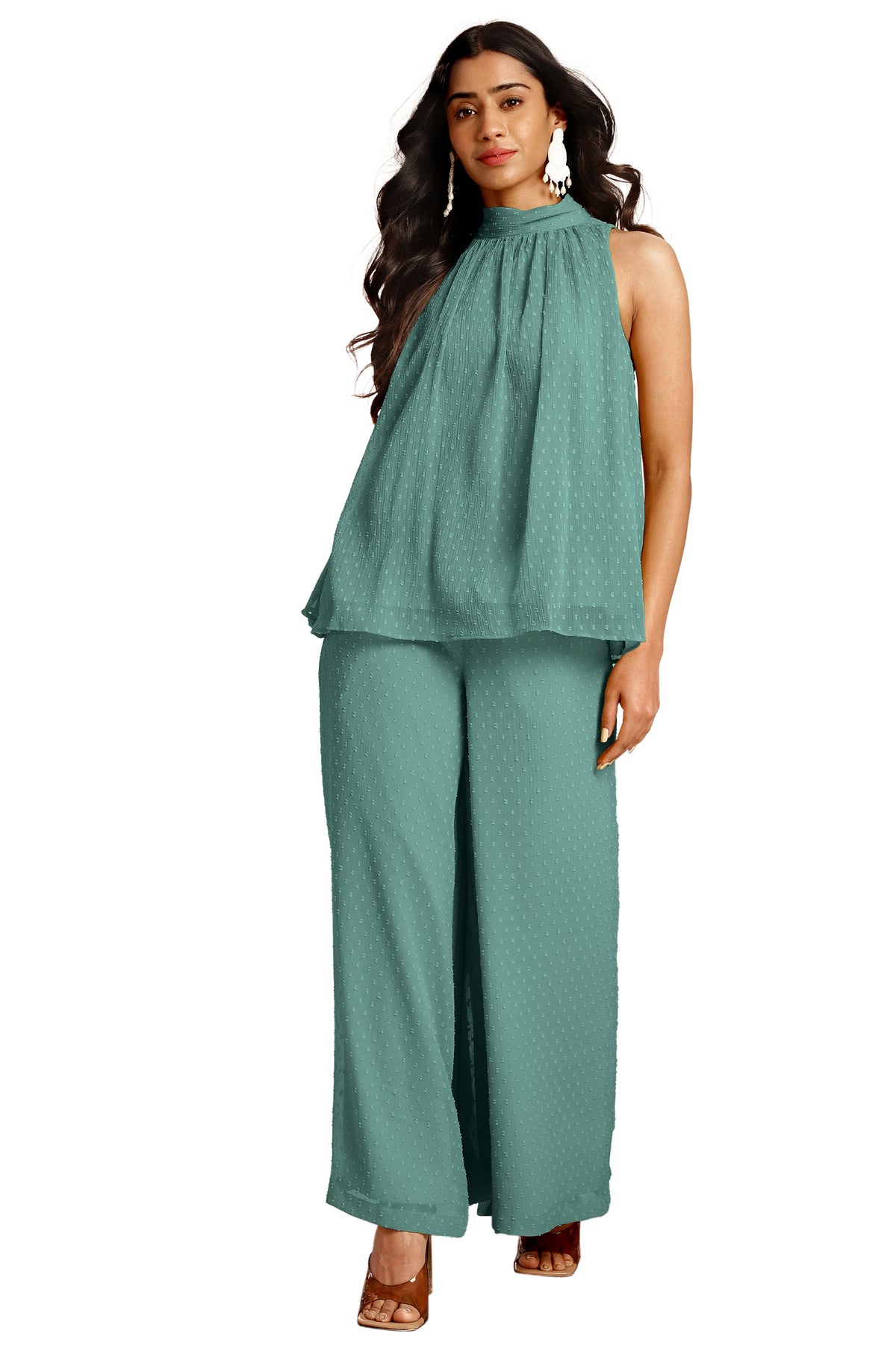 Sage Green Woven Design Chiffon Co-Ords - Set of 2