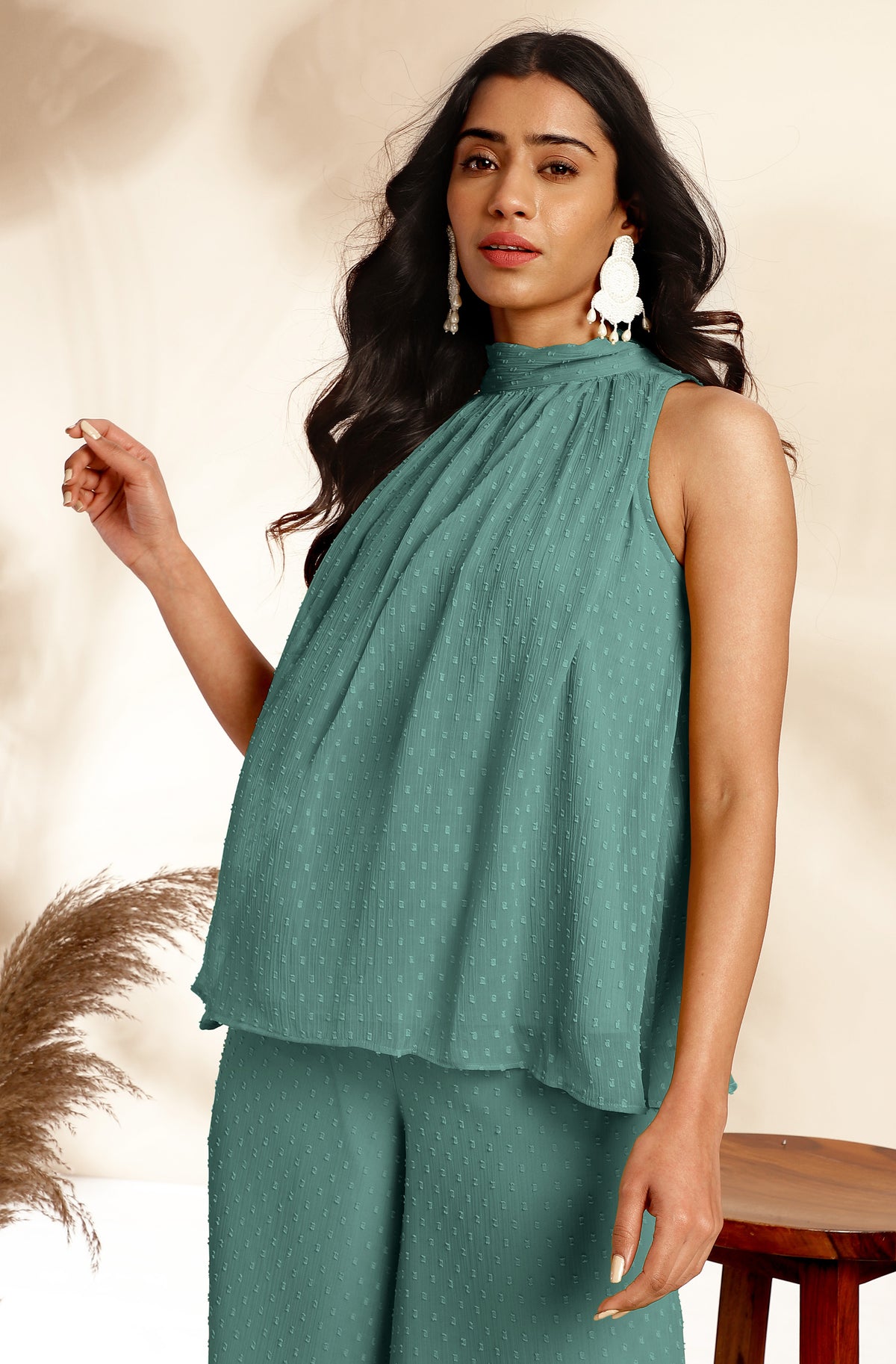 Sage Green Woven Design Chiffon Co-Ords - Set of 2