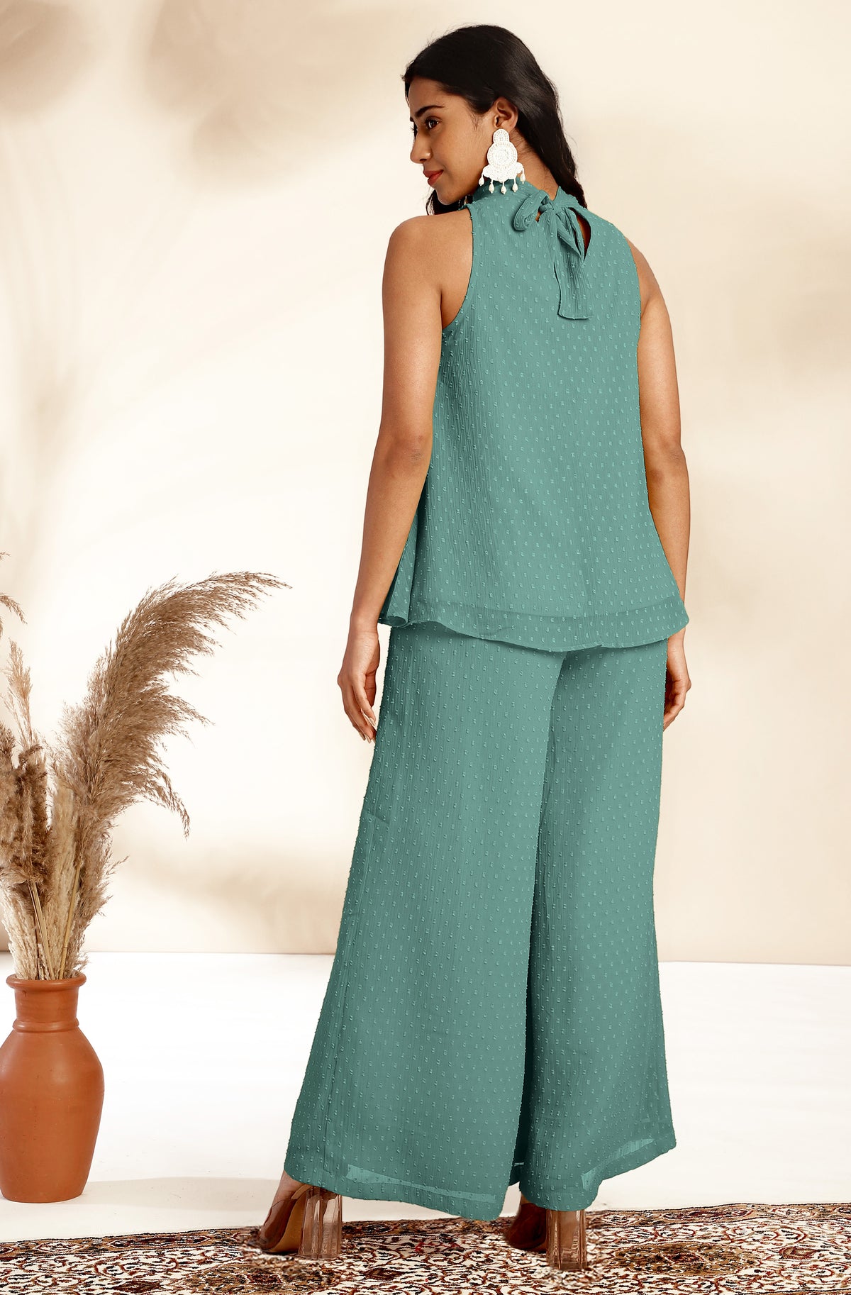 Sage Green Woven Design Chiffon Co-Ords - Set of 2