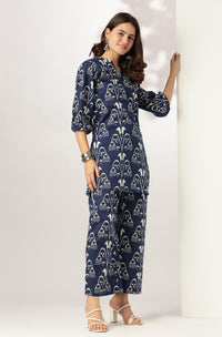 Navy Blue Ikkat Printed Cotton Co-Ords - Set of 2