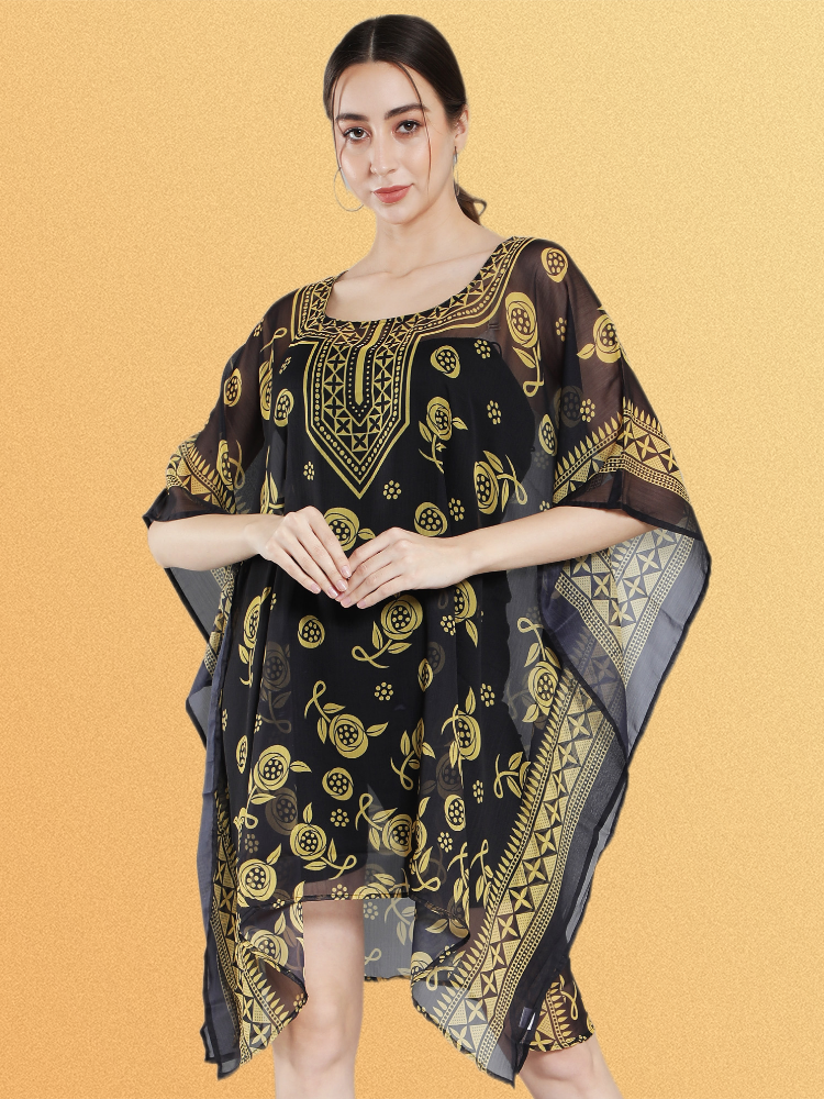 Black Printed Polyester Midi Kaftan Dress | Beach Kaftan Online Aditi Wasan Black Printed Polyester Midi Kaftan Dress | Beach Kaftan Online Aditi Wasan