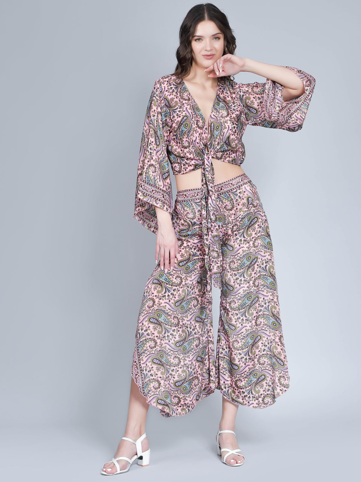 Women Printed Tie Front Top and Palazzo Pant Co-ord Set