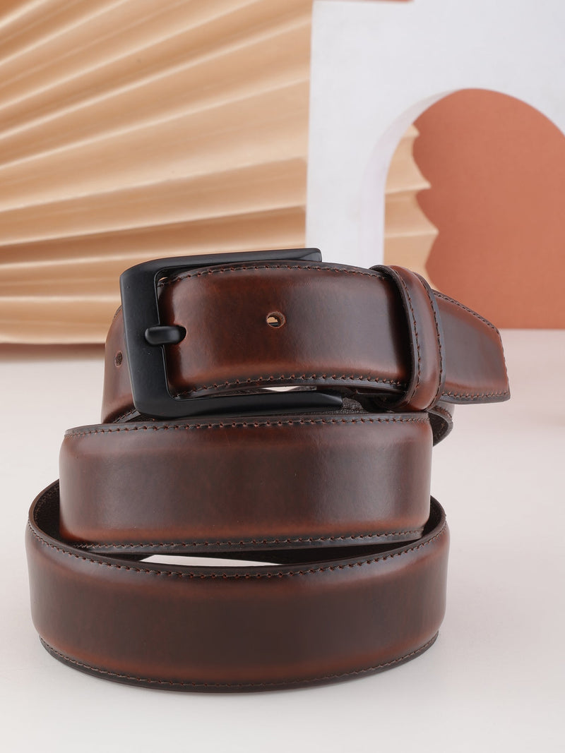 Dual Tone Oily Brown Men's Formal Stitch Design Genuine Leather Belt