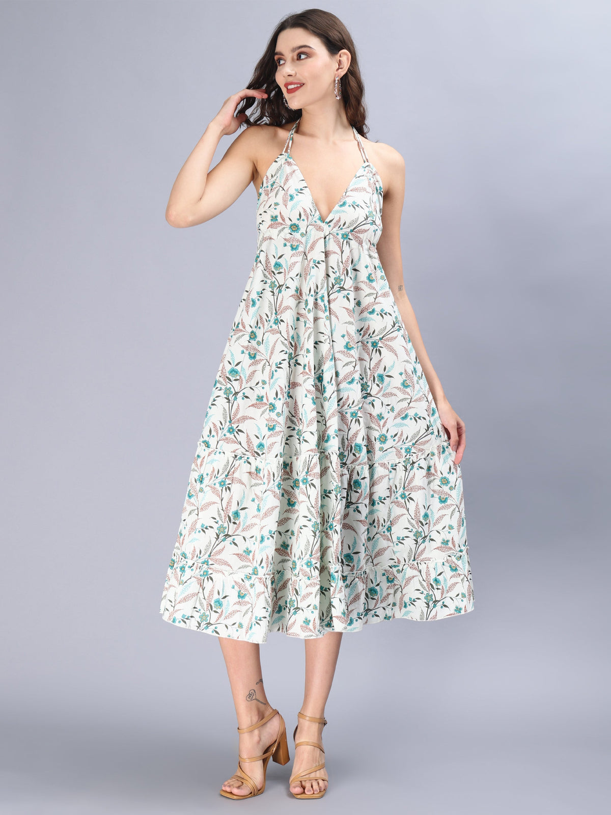 White floral printed cotton tie back, backless blue Free Size Handkerchief maxi tiered dress