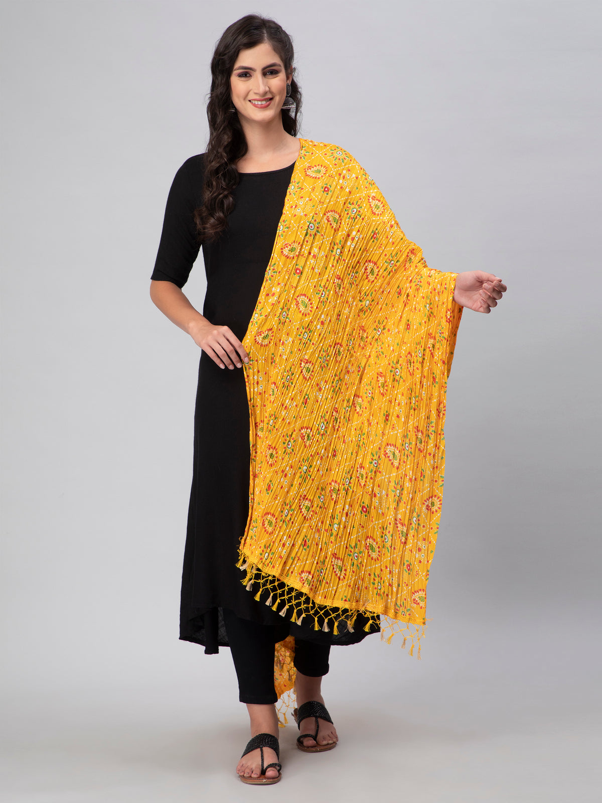 Yellow Printed Crushed Dupatta