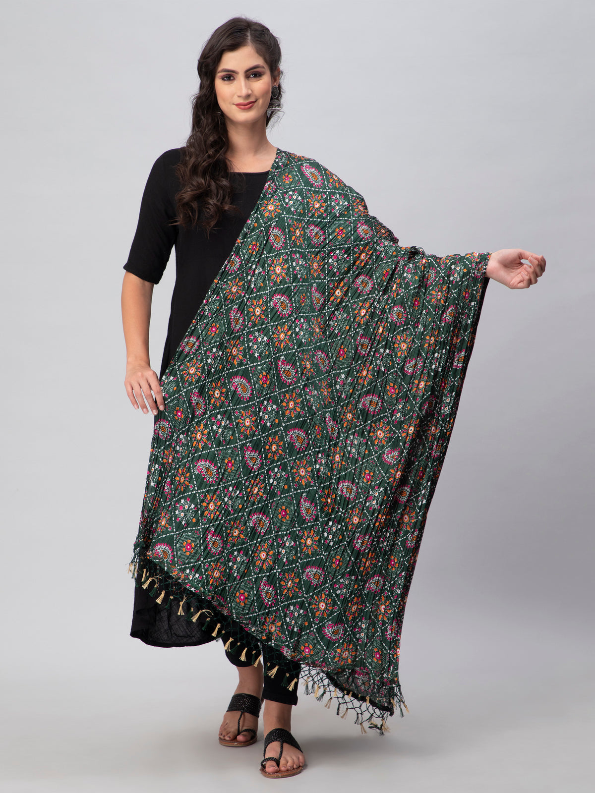 Green Printed Silk Blend Dupatta